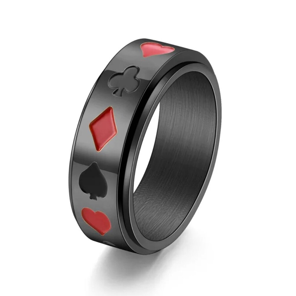 3/$35 Black Titanium Steel Poker Spinner Ring Playing Card Symbols Band Men
